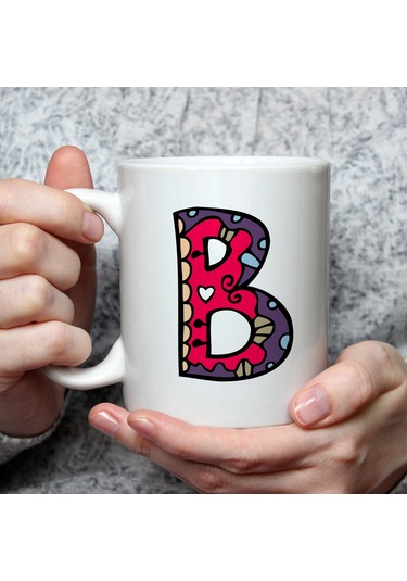 Etnik B Harf Baskılı Beyaz Kupa