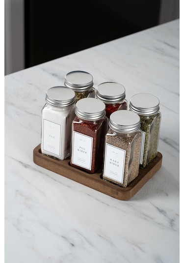 Mienda Home 6 Bölmeli Ahşap Dörtgen Baharatlık Standı Ahşap