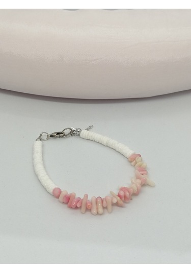 Çucuk Ve Rondela Gerçek Mercan Bileklik Beyaz - Pembe