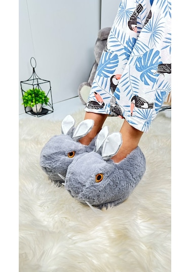 Kadın Panduf Tavşan Figürlü Peluş Ev Botu Desenli Düz Taban Rahat Hafif 359 Gri