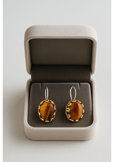 Lale Serisi El İşi Kahverengi Kaplangözü Taşlı Gümüş Kadın Küpe Gümüş