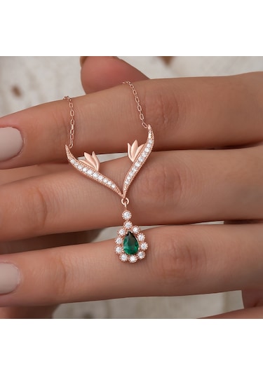 925 Ayar Yeşil Damla Taşlı Tasarım Kolye Kadın Gümüş Kolye