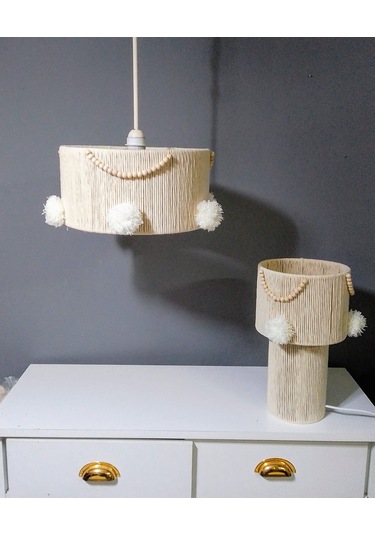 Makrome İp Avize Abajur Set Ekru Avize Boncuk Ponpon Makrome Abajur Ekru