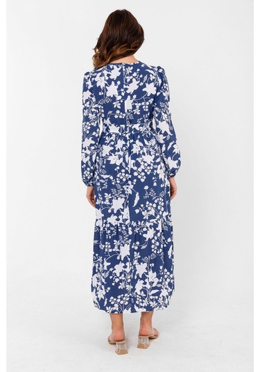 Yaprak Desenli Renkli Pamuklu Yazlık Baharlık Kuşaklı Elbise 2101 Lacivert