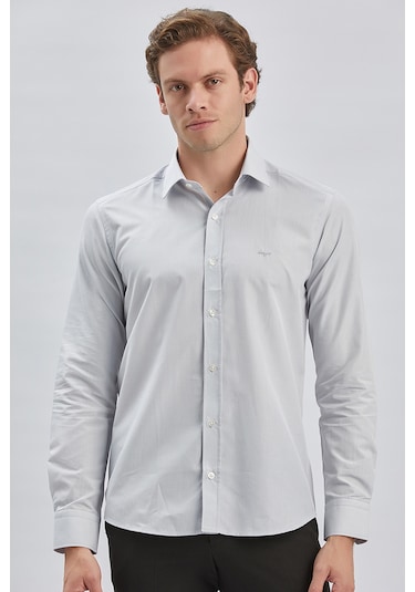 Gri Uzun Kollu Bez Ayağı Sert Yaka Cepsiz Pamuklu Klasik Slim Fit Dar Kesim Gömlek 1004240230 Gri