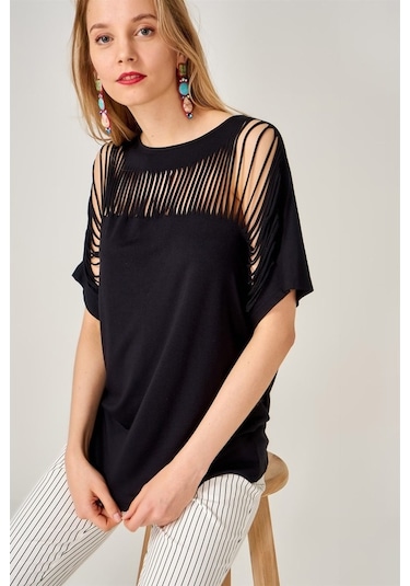 Kadın Lazer Kesim Siyah Bluz-Siyah