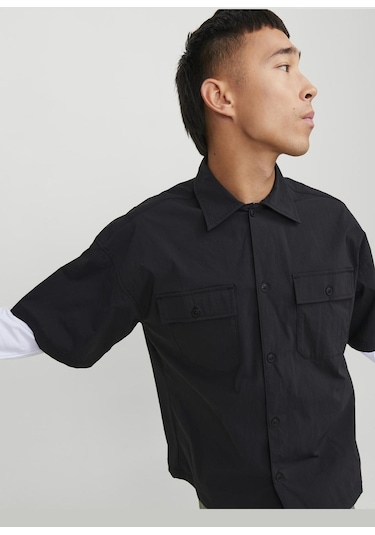 Jack & Jones Erkek Göğüs Cepli Oversized Gömlek - Altitude 12251280 Black Gri