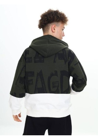 Çocuk Kapüşonlu Harf Desenli Kanguru Cepli Sweatshirt-14800 Haki