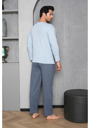 Yuvarlak Yaka %100 Pamuk Regular Kalıp Erkek Pijama Takımı 983 Açık Mavi