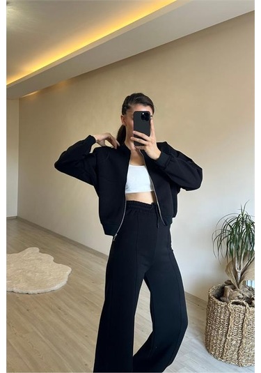 Neşeli Butik Kadın Fermuarlı Oversize Sweat Ve Yüksek Bel Eşofman Takımı Nm018 Siyah