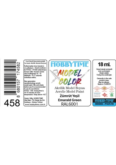 Hobbytime 458 18 Ml. Ral6001 Zümrüt Yeşil Emarald Green Akrilik Model Boyası
