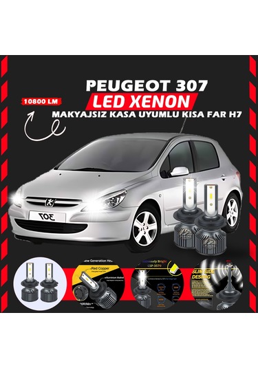 Peugeot 307 Makyajsız Kasa Kısa Far Uyumlu Şimşek Etkili Led Xenon Premium Series H7