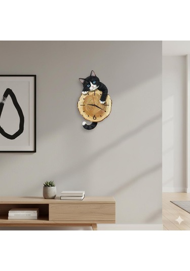 Cajuart Kütük Üzerinden Bakan Smokin Kedi Tasarımlı Duvar Saati Modern Dekoratif Saat Kahverengi