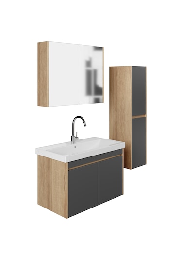 Karen Banyo Dallas 80 Cm Lavabolu, Aynalı Banyo Dolabı, Lavabo Dahil, Boy Dolabı Dahil, S.meşe-Antrasit Antrasit