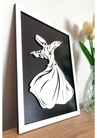 Modern Beyaz Çerçeveli Ahşap Semazen Mevlana Tablosu 25x20 Cm