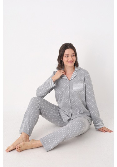 Nbb Kadın Gri Önden Düğmeli Pijama Takım Gri