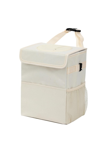 Bej Araba Çöp Kutusu 20x15x25 Cm Kapaklı Sızdırmaz Araba Çöp Kutusu 3 Saklama Cebi Askılı Su Geçirmez Araba Çöp Torbası Suv İçin