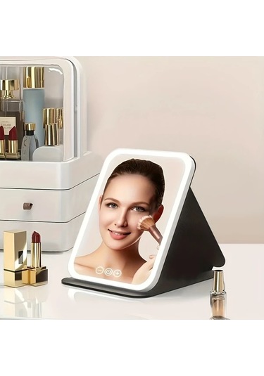 Honeybeeshop Pembe Işıklı Makyaj Aynası Taşınabilir 3 Renk Aydınlatma Dokunmatik Şarj Edilebilir Led Pembe