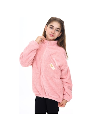 Toontoy Kız Çocuk Nakışlı Peluş Hırka Pudra