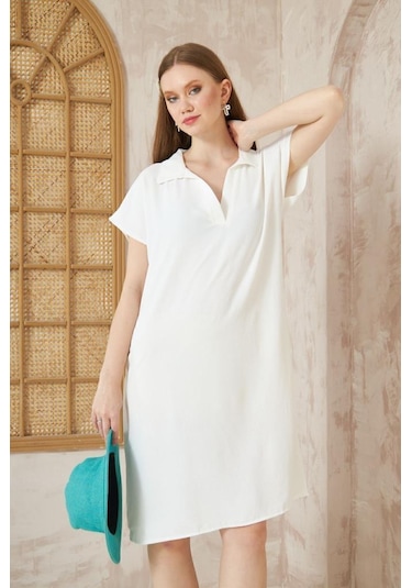 Kadın Bol Kesim Polo Yaka Kısa Kollu Günlük Kısa Midi Elbise Dizüstü 2883200 Ekru