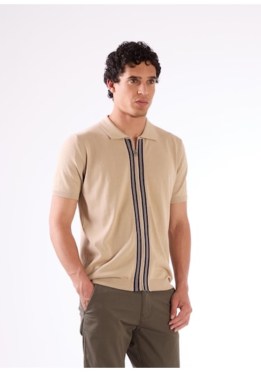 Bej Düz Erkek Triko - Slim Fit Bej