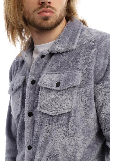 Erkek Çıt Çıt Detaylı Cepli Peluş Ceket Gri-mavi Gri