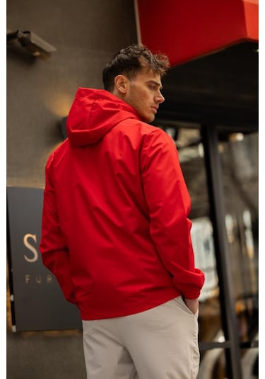 Yeast İçi Astarlı Suya Dayanıklı Kapşonlu Fermuarlı Yağmurluk - Kırmızı Kırmızı