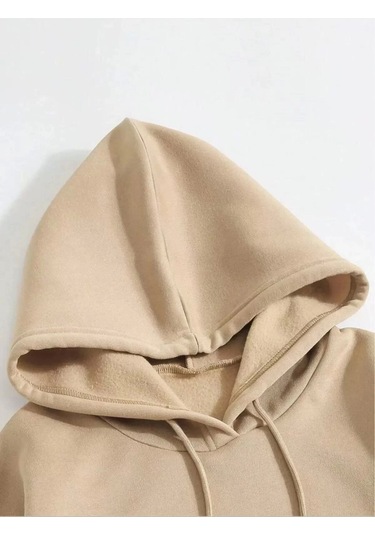 Erkek Düz Kapüşonlu Sweat - Bej Bej