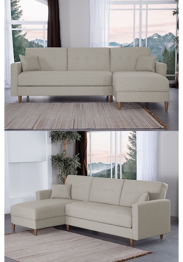 Kilim Mobilya Scandi Köşe Uzanmalı Yataklı Köşe Takımı Hem Sağ Hem Sol Köşe Olarak Kullanılabilir Krem