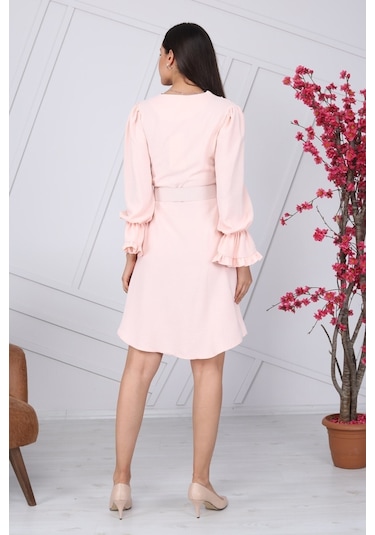 Kadın Kemer Detaylı Volan Kol Midi Elbise 4078/100 001