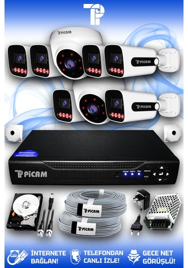 Picam 8 Kameralı Zebra 2 İç Kamera Set 1 Tb 5 Mp 2k Net Gece Görüşlü Güvenlik Kamerası Sistemi