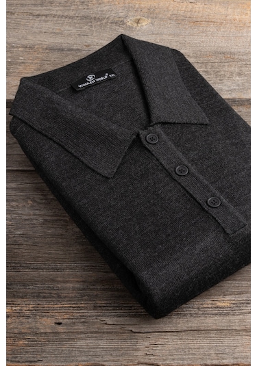 Woolen World Polo Yaka Battal Büyük Boy Yünlü Triko Kazak Antrasit