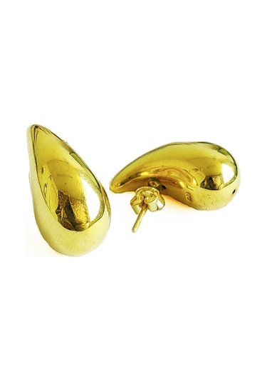 Taşsız Balon Damla Gümüş Küpe - Gold Renk Altın