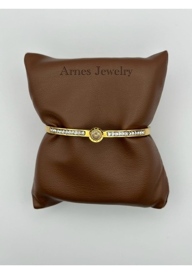Arnes Jewelry Çelik Gold Zirkon Taşlı Kelepçe Bileklik Ar15 Gold