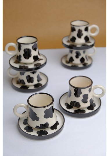 6 Lı Takım El Yapımı İnekli Kazan Seramik Kahve Fincanı, Kahve Fincanı Beyaz
