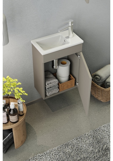 Biani Fix Loft Mini 42 Cm Banyo Dolabı,Seramik Lavabolu, Aynalı,Lavabo Dahil,Mdf,Latte