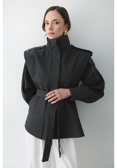 Antrasit Apoletli Vatkalı Kaşe Kaban - 1005 Antrasit