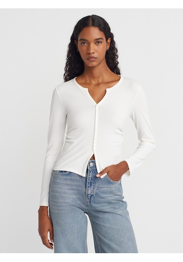 Dilvin 31548 Düğme Detaylı Büzgülü Top-ekru Ekru