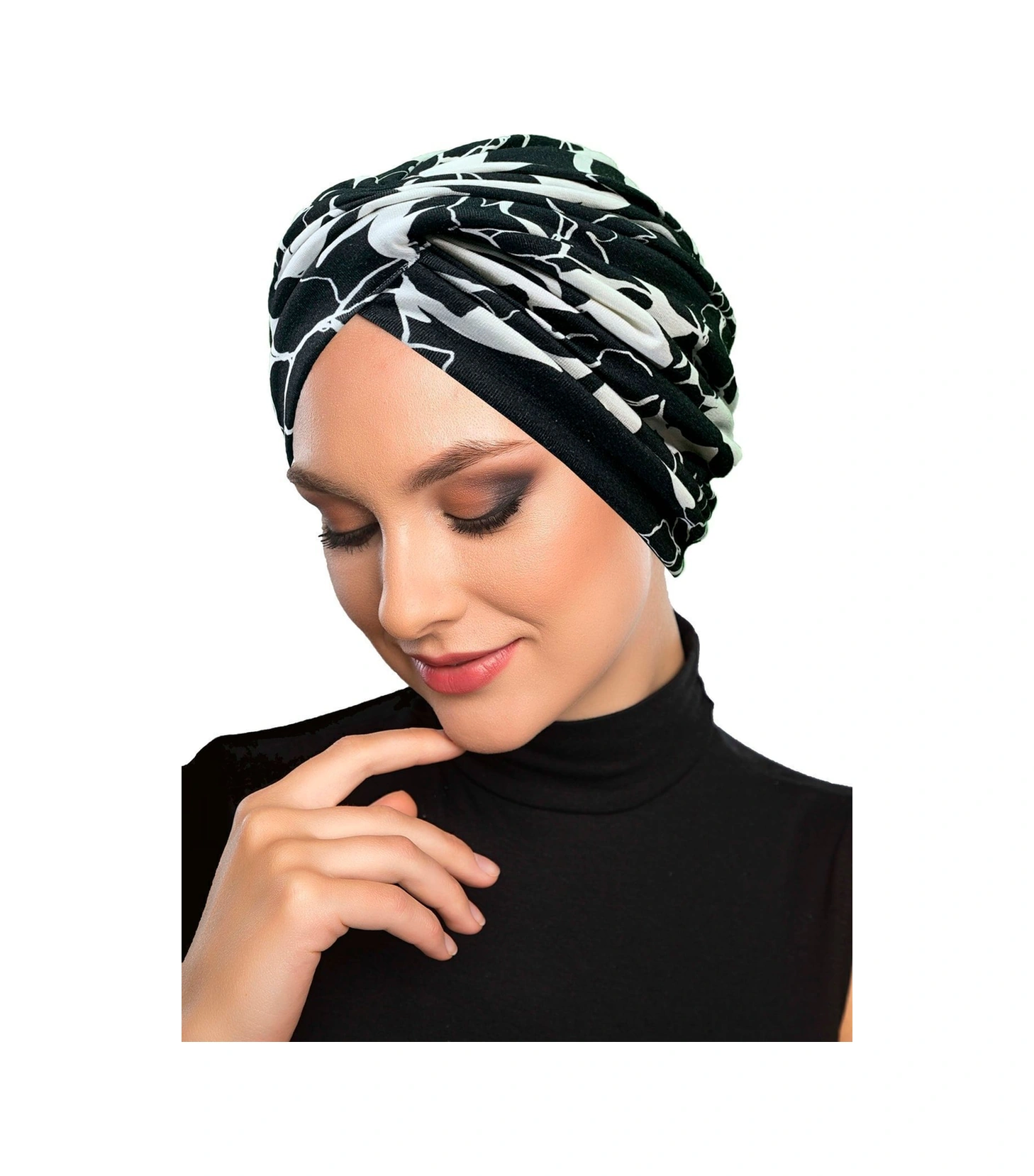 Desenli Çapraz Penye Siyah Çiçek Motifli Hazır Türban Tesettür Havuz Bonesi Siyah-krem