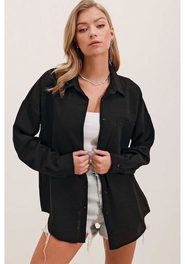 Giyim Dünyası Kadın Tek Cepli Oversize Gömlek Siyah 001
