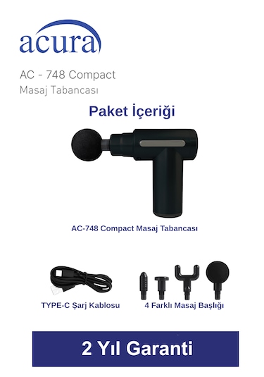 Ac-748 Compact 6 Kademeli 4 Başlıklı Masaj Tabancası Siyah