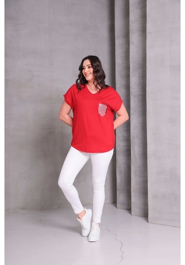 Cep Taş Baskılı Bluz Kırmızı
