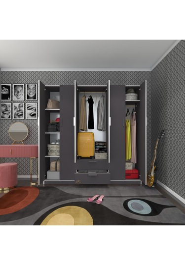 Kenzlife gardırop 6 kapılı çekmeceli begonvil180 gri kapaklı gardolap dolap