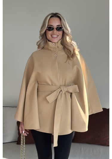 Camel Düğmeli Kuşaklı Kaşe Panço - 2055 Camel