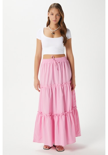 Kadın Elanora Pembe Astarlı Katlı Poplin Etek Pembe