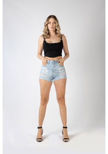 Kutaf Ön Komple Lazerli Denim Şort 001