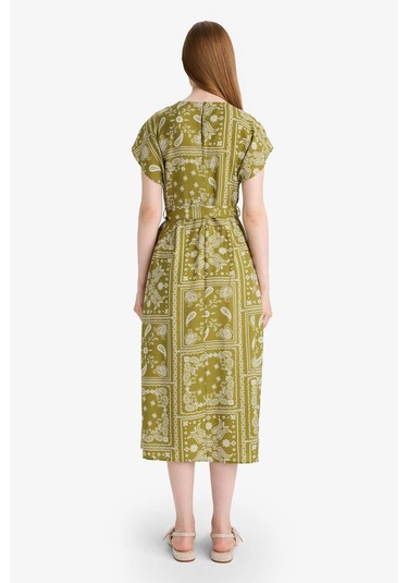 Defacto A Kesim Yuvarlak Yaka Desenli Kısa Kollu Midi Elbise F4770ax25aukh255 Haki