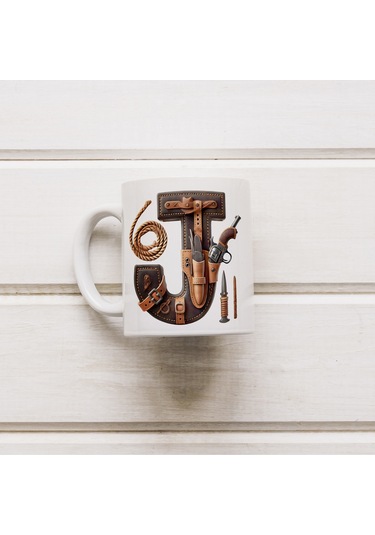 J Harfi Kovboy Temalı Bardak 330 Ml İsim / Harf Kişiye Özel Hediye - Vahşi Batı Konsept Beyaz