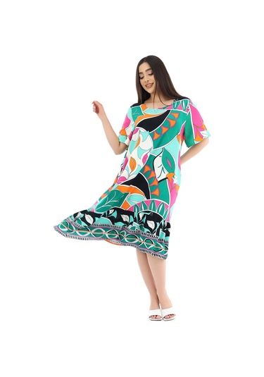 Schık Kadın Viskon Yarım Kol O Yaka Cepli Fırfırlı Elbise Yeşil Yeşil