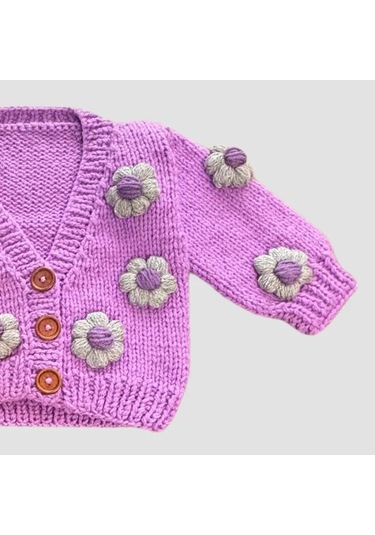 Uretti - Gülnur 2184 - El Örgüsü Çiçek Motifli Çoraplı Kız Çocuk Hırka 4 Yaş - Mor Mor